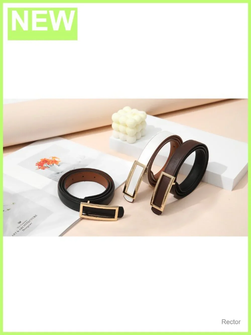 Reversible Skinny Faux Leather Belt, 2-in-1, Gold Buckle, Adjustable